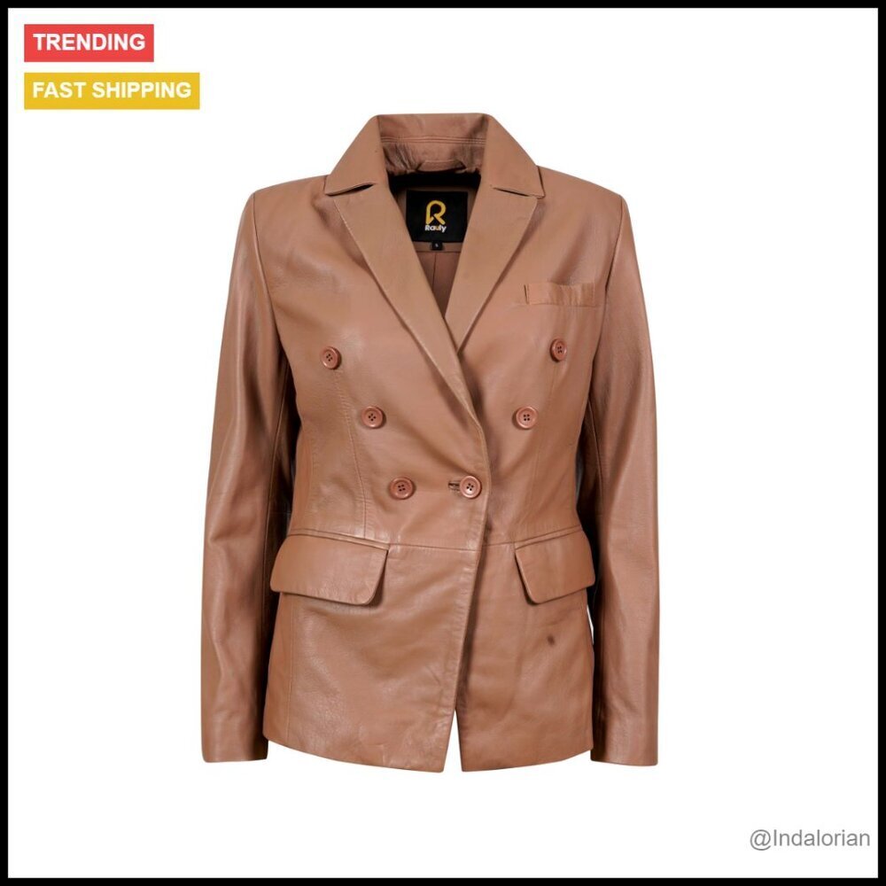 Genuine Leather Blazer Jacket Double-Breasted Women's Coat Tailored Fit
